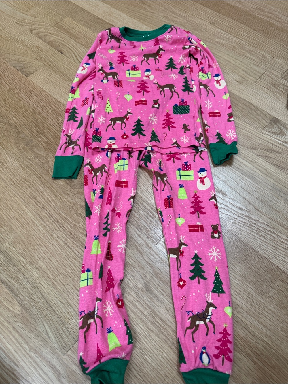 Hatley Pink Holiday Reindeer Pajama Set with Green Trim